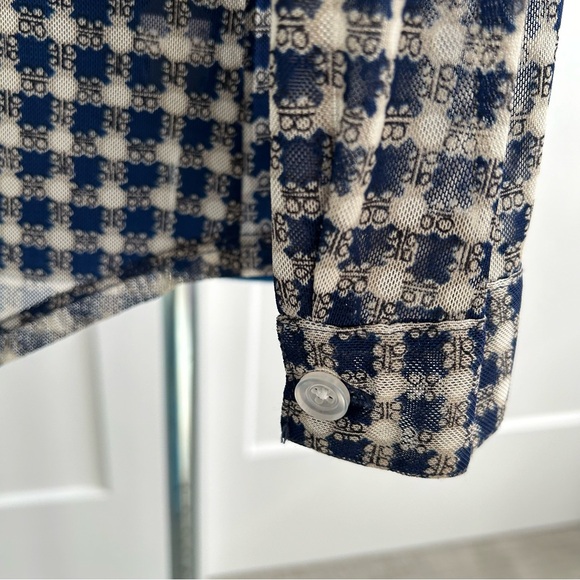 CAbi navy & off white checked blouse, size small. Somewhat sheer. EUC - Picture 5 of 11